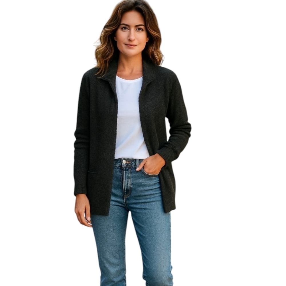 Alpaca blend Quiet Luxury deep charcoal gray soft Open-Front Cardigan Sz M - Picture 8 of 9